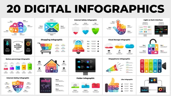 Digitális infografika csomag. Slide sablon bemutatása. Elektronikus eszközök modelljei. Internetes technológiák. Rejtvényfelhő szolgáltatás. Kreatív online web. — Stock Vector