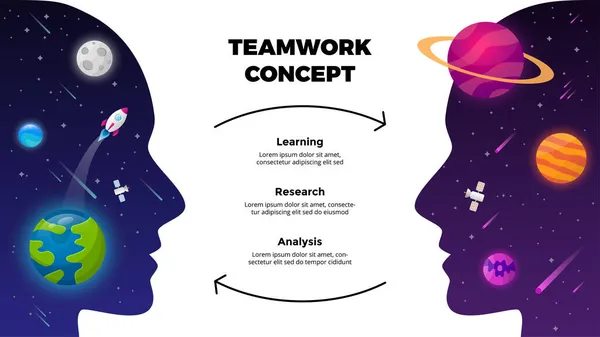 Teamwork-Konzept Universumshintergrund. Startup-Vektor-Infografik. Geschäftskommunikation. Raketenstart ins All. Menschenkopf. Folienvorlage für die Präsentation von Bildung. — Stockvektor