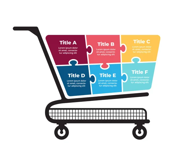 Winkelpuzzelkar. Infografische presentatie. 6 opties grafiek. Winkel reclame banner. E-commerce concept. Digitale markt. — Stockvector