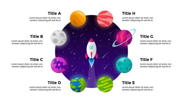 Cirkeldiagram. Startup vector infographic. Raketlancering in de ruimte. Universum achtergrond. Presentatie dia sjabloon. Zakelijk succes. 8 stappen. — Stockvector