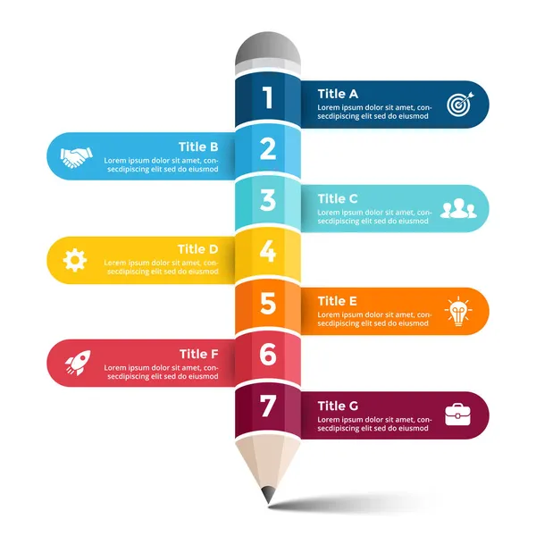 Ołówek pisze infografikę. Edukacyjna koncepcja 3D. 7 opcji kroków diagram. Szablon mapy wektorowej. Kreatywna kolorowa ilustracja. — Wektor stockowy