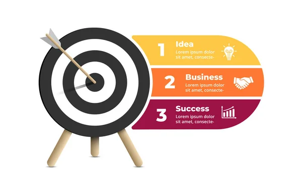 Infografía de éxito. Presentación de negocios plantilla de diapositiva. Flecha al blanco. Diagrama de objetivos. Gráfico con 3 pasos, opciones, procesos. — Vector de stock