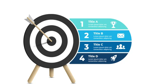 Infografía de éxito. Presentación de negocios plantilla de diapositiva. Flecha al blanco. Diagrama de objetivos. Gráfico con 4 pasos, opciones, procesos. — Vector de stock