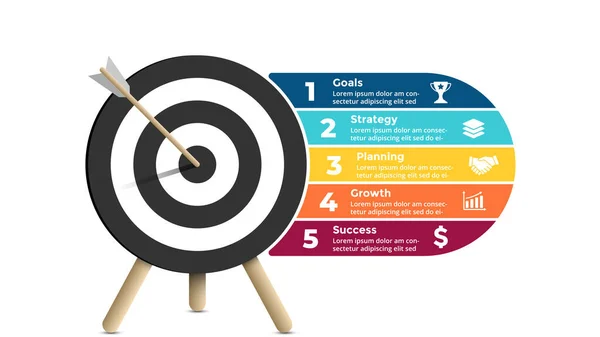 Infografía de éxito. Presentación de negocios plantilla de diapositiva. Flecha al blanco. Diagrama de objetivos. Gráfico con 5 pasos, opciones, procesos. — Vector de stock