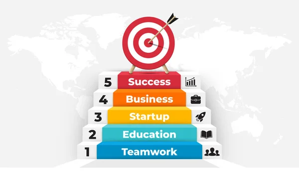 Stairs up to success infographic. Successful startup presentation slide template. Arrow hit the target. Goal diagram. Growth chart with 5 steps, options, processes. — Stock Vector