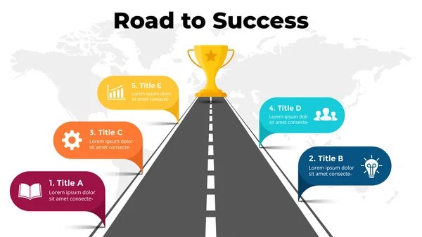 Road to success infographic. Winner cup. Business presentation slide template. Roadmap timeline. Diagram chart with 5 steps, options, processes. — Stock Vector