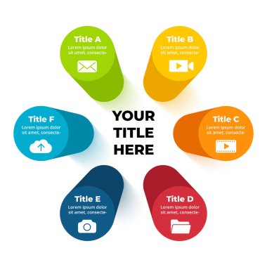 3D Vektör Perspektif Bilgileri. Sunum kaydırma şablonu. 6 adım seçenekleri sütun tablosu. Çember silindir diyagramı kavramı.