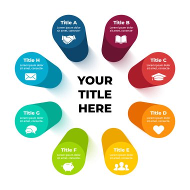 3D Vektör Perspektif Bilgileri. Sunum kaydırma şablonu. 8 adım seçenekleri sütun tablosu. Çember silindir diyagramı kavramı.