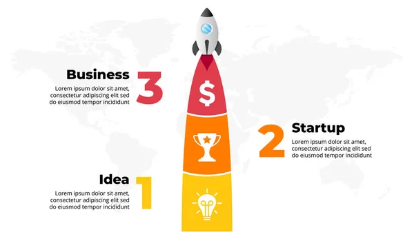 Infografika wektora startowego. Wystrzelić rakietę. Prezentacja szablonu slajdów. Statek kosmiczny lata. Schemat sukcesu biznesowego. Plan działania 3 opcje, kroki. Koncepcja kreatywnego projektu. Mapa świata. — Wektor stockowy