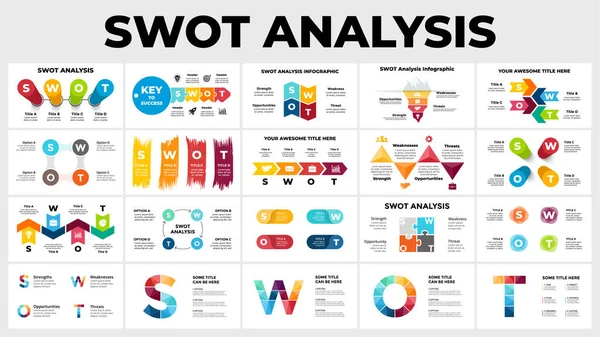 SWOT 분석. 비즈니스 인포 그래픽. 압착 슬라이드 템플릿. 4 단계, 부분, 옵션. 재무 도표, 도표, 원의 도표와 보고서. — 스톡 벡터