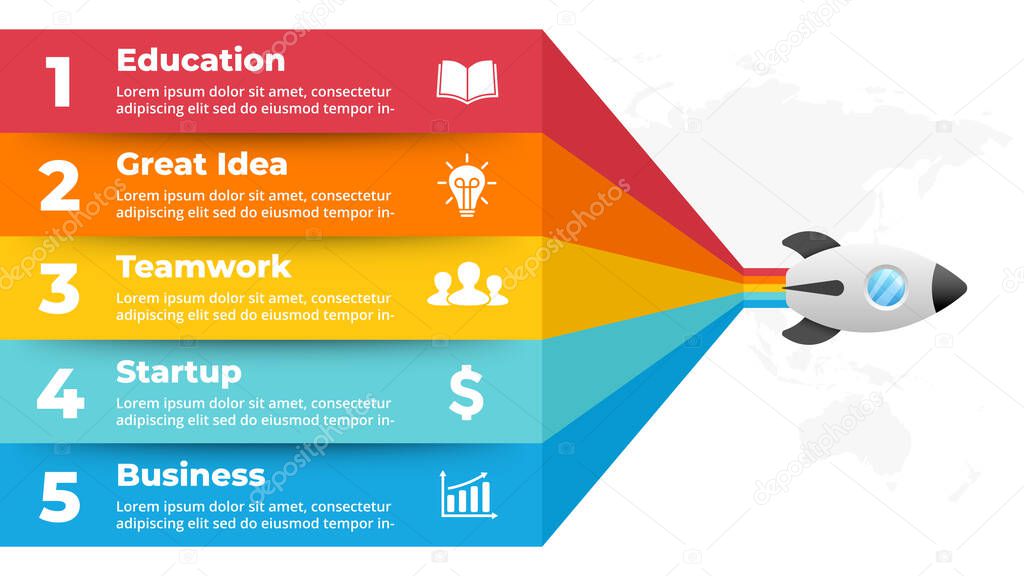 Startup vector infographic. Rocket launch. Presentation slide template. Spaceship fly. Business success diagram chart. Timeline roadmap 5 options, steps. Creative project concept. World map.