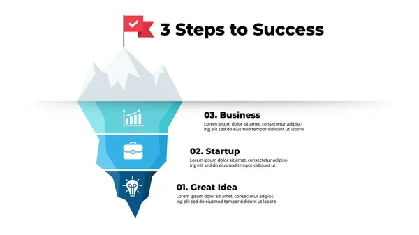 Iceberg infographic. 3 steps to success. Presentation slide template. Startup business. Analytics of the processes that led to a successful result. — Stockvektor