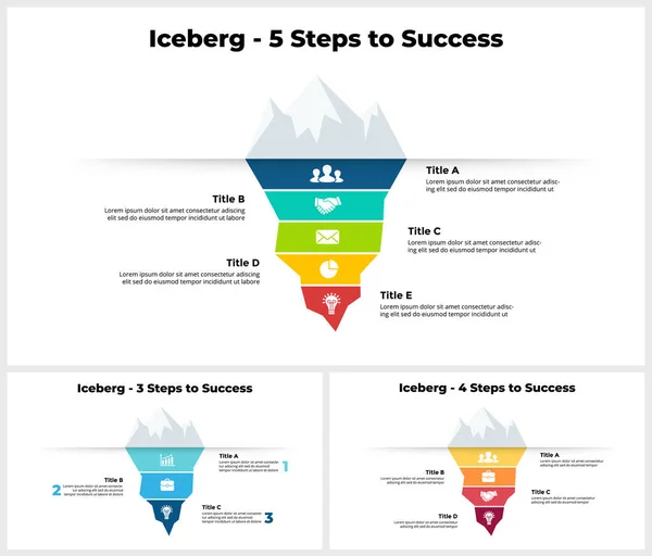 Infográfico de Iceberg. 3, 4, 5 passos para o sucesso. Apresentação modelo de slide. Negócios de startup. Análise dos processos que levaram a um resultado bem sucedido. — Vetor de Stock