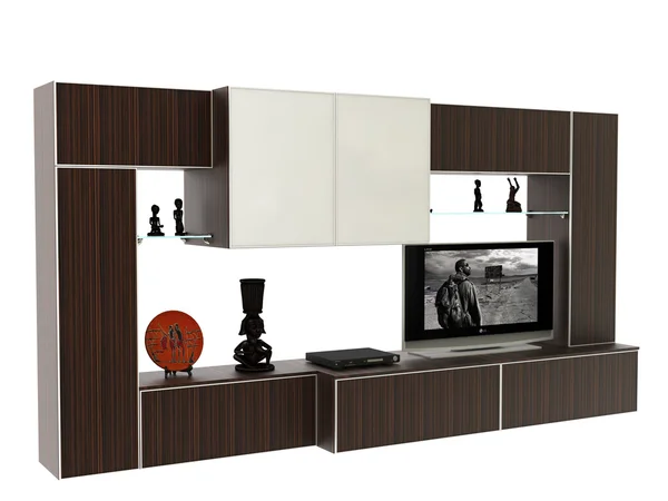 Interieur met moderne boekenplank en tv Stockfoto