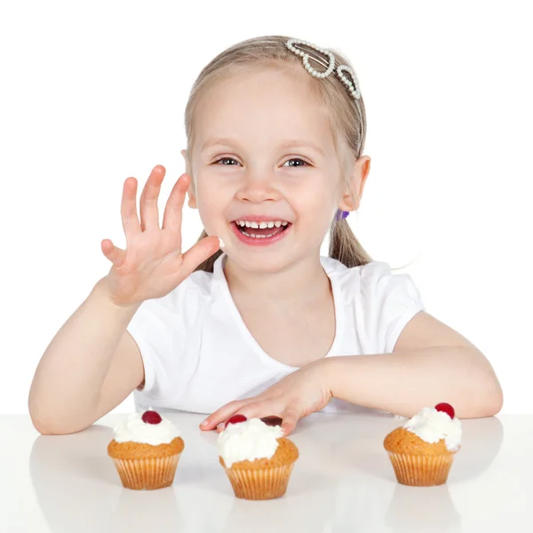 Retrato de close-up de doce menina com bolos — Fotografia de Stock