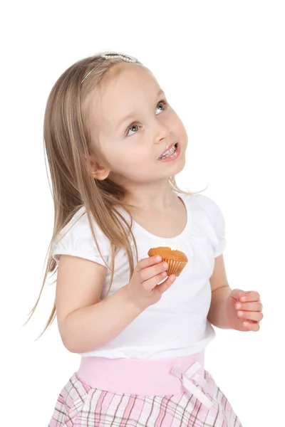 Hermosa niña pequeña con pastel sobre blanco —  Fotos de Stock
