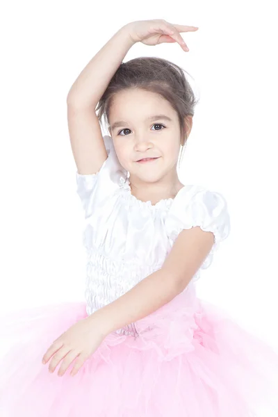 Hermosa bailarina, bailarina en vestido rosa sobre blanco — Foto de Stock