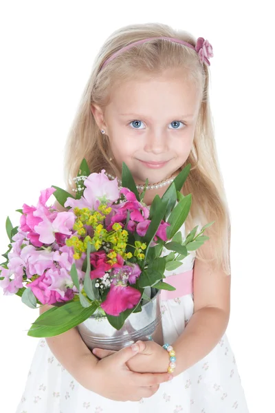 Meisje met kleurrijke bloemen over Wit — Stockfoto