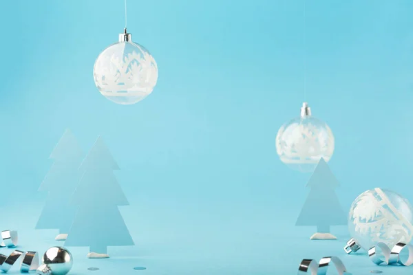 Natal Cartão Férias Com Papel Azul Árvores Natal Decorações Prata — Fotografia de Stock