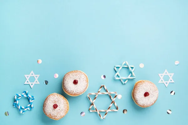 Hanukkah Sweet Doughnuts Sufganiyot Powdered Sugar Fruit Jam Festive Stars — Stock Photo, Image