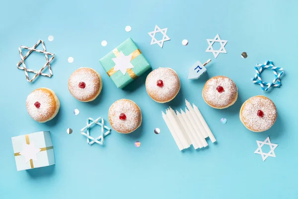 Hanukkah Doce Donuts Sufganiyot Donuts Tradicionais Com Geléia Frutas Caixas — Fotografia de Stock