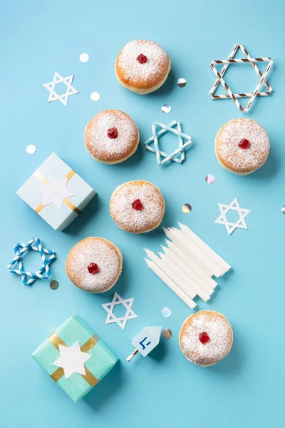 Hanukkah Sweet Doughnuts Sufganiyot Traditional Donuts Powdered Sugar Fruit Jelly — Stock Photo, Image