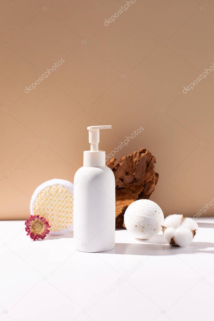 Zero waste beauty body care concept. Eco-friendly bathroom accessories, bath bomb, salts and sponge on natural beige background, copy space.