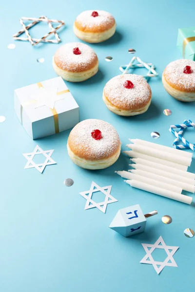 Hanukkah Sweet Doughnuts Sufganiyot Traditional Donuts Fruit Jelly Jam Gift — Stock Photo, Image