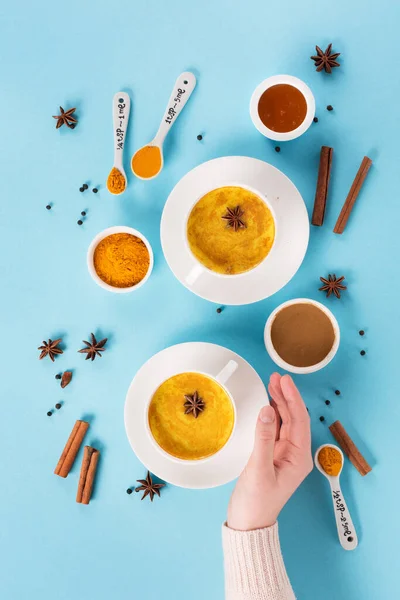 Turmeric Golden Milk Latte Spices Cinnamon Honey Blue Background Top — Stock Photo, Image