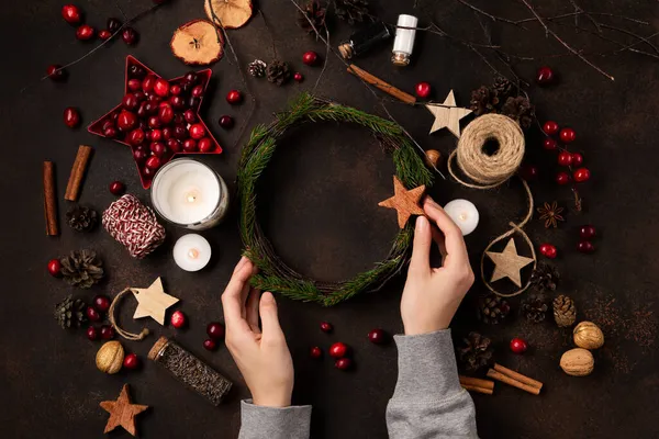 Women Hands Make Natural Christmas Wreath Yule Winter Solstice Concept — Stock Photo, Image