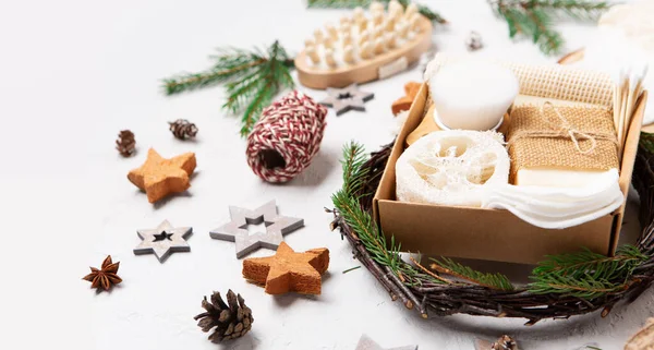 Geen Afval Eco Vriendelijke Kerstvakantie Concept Feestelijk Kerstpakket Voor Zelfverzorging — Stockfoto