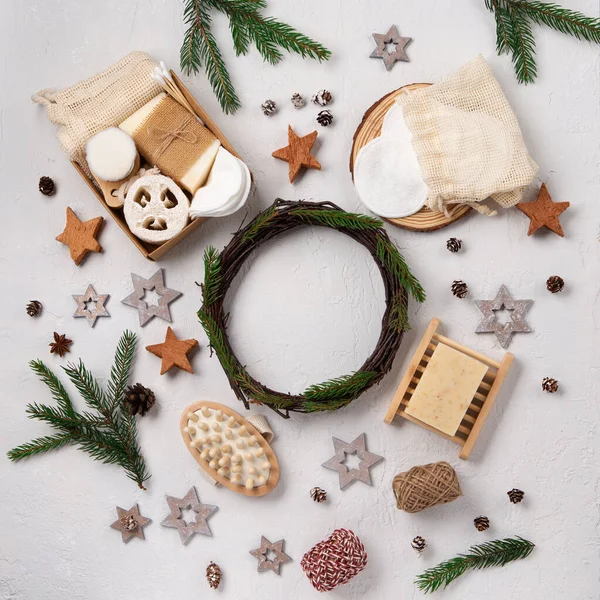 Geen Afval Eco Vriendelijke Kerstvakantie Concept Feestelijke Winter Zelfverzorging Pakket — Stockfoto