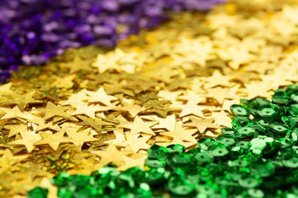 Glanzend Groene Paarse Gouden Glinsterende Achtergrond Voor Mardi Gras Vakantie — Stockfoto