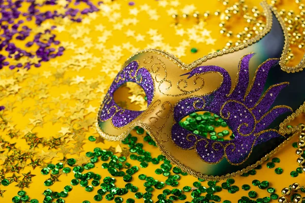 Perline Colore Oro Mardi Gras Con Maschera Carnevale Lusso Maschera — Foto Stock