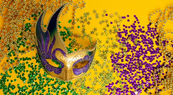 Perline Colore Oro Mardi Gras Con Maschera Carnevale Lusso Maschera — Foto Stock