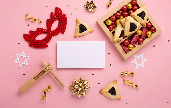 Festa Purim Conceito Feriado Carnaval Judaico Biscoitos Hamantaschen Saborosos Máscara — Fotografia de Stock