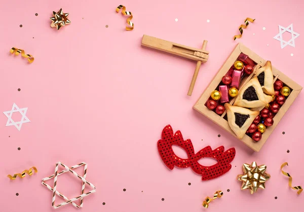 Festa Purim Conceito Feriado Carnaval Judaico Biscoitos Hamantaschen Saborosos Máscara — Fotografia de Stock