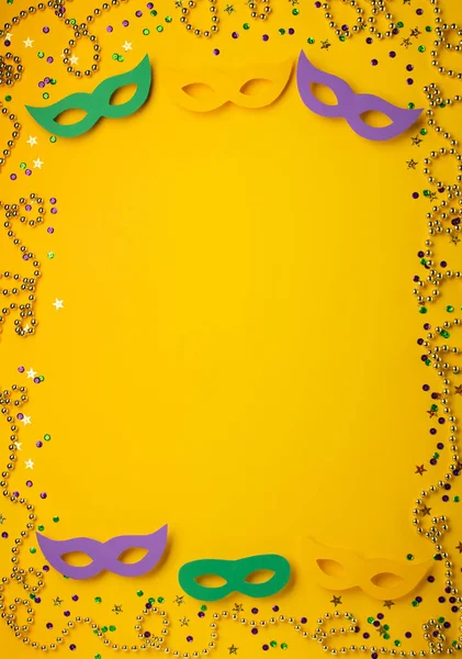 Mardi Gras Mascarada Festival Carnaval Máscaras Cuentas Color Oro Confeti — Foto de Stock