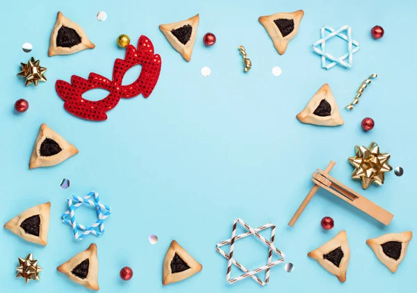 Purim Celebración Carnaval Judío Concepto Vacaciones Sabrosas Galletas Hamantaschen Máscara — Foto de Stock