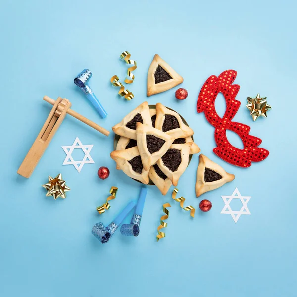 Purim Celebración Carnaval Judío Concepto Vacaciones Sabrosas Galletas Hamantaschen Máscara — Foto de Stock