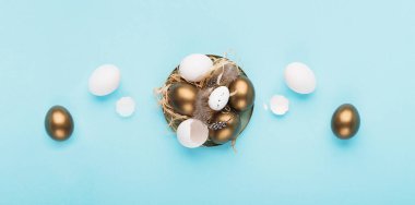 Paskalya bayramı tebrik kartı geçmişi. Paskalya beyazı ve altın yumurta, bıldırcın yumurtası ve mavi masadaki tüyler. Uzayı kopyala, üst görünüm. Asgari paskalya kartı, sıfır atık kavramı.