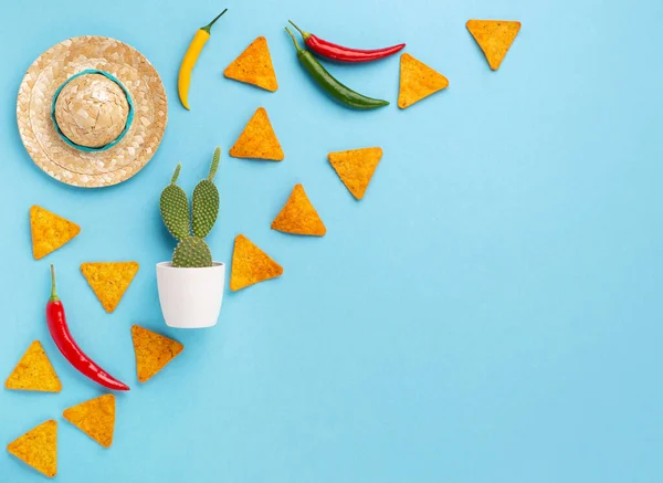 Mexican Background Fiesta Traditional Mexican Nachos Chips Chilli Pepper Cactus — Stock Photo, Image