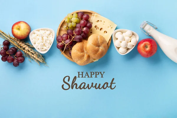 Happy Shavuot Festive Card Jewish Religious Holiday Concept Dairy Products — Stock Photo, Image