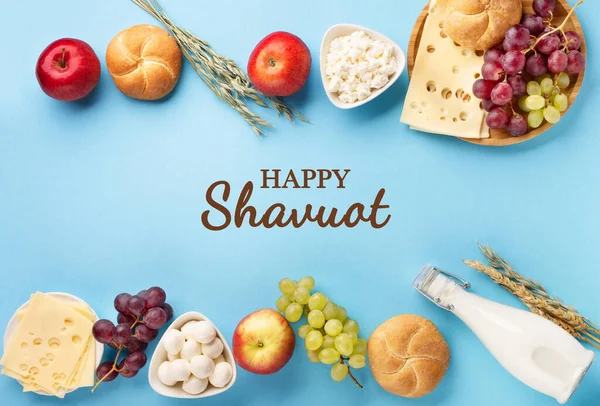 Happy Shavuot Festive Card Jewish Religious Holiday Concept Dairy Products — Stockfoto