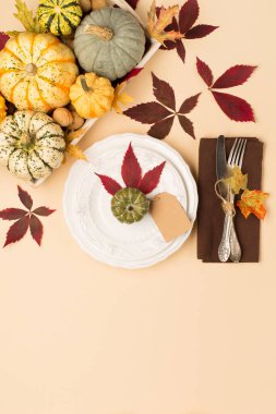 Sonbahar tatili Şükran Günü sofra takımı. Balkabakları, porselen beyaz tabak, akçaağaç yaprakları, bej renkli pastel arka planda baharat ve elma. Düz konum, üst görünüm, kopyalama alanı.