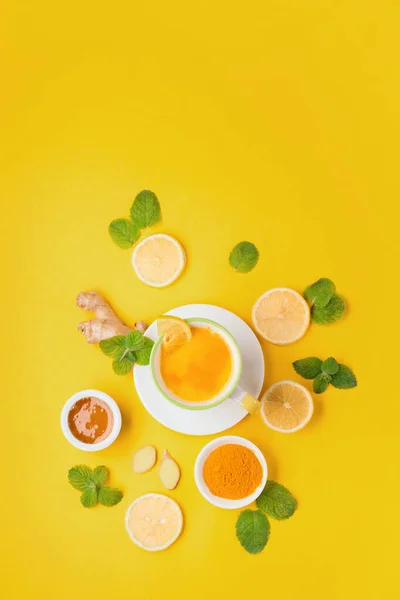 Turmeric Hot Drink Mint Ginger Lemon Honey Paper Yellow Background — Φωτογραφία Αρχείου