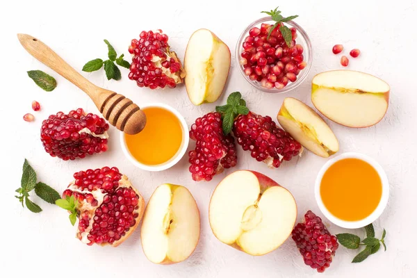 Rosh Hashanah Jewish New Year Autumn Holiday Concept Apples Honey — Foto Stock