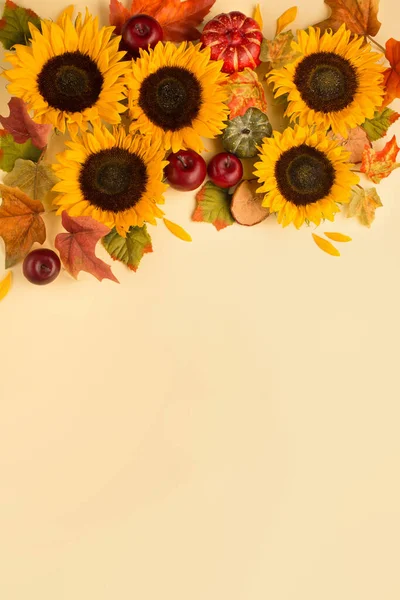 Herbstferienkomposition Sonnenblumen Getrocknete Blätter Kürbisse Äpfel Und Vogelbeeren Auf Gelbem — Stockfoto