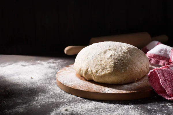Homemade Wholemeal Dough Bread Wooden Table Flour Rolling Pin Dark — Stockfoto