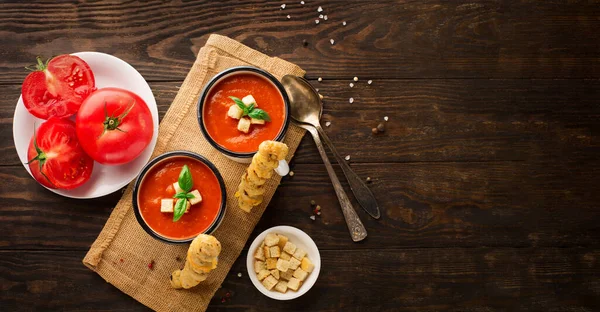 Autumn Homemade Tomato Soup Bread Sticks Tomatoes Red Pepper Herbs — Photo